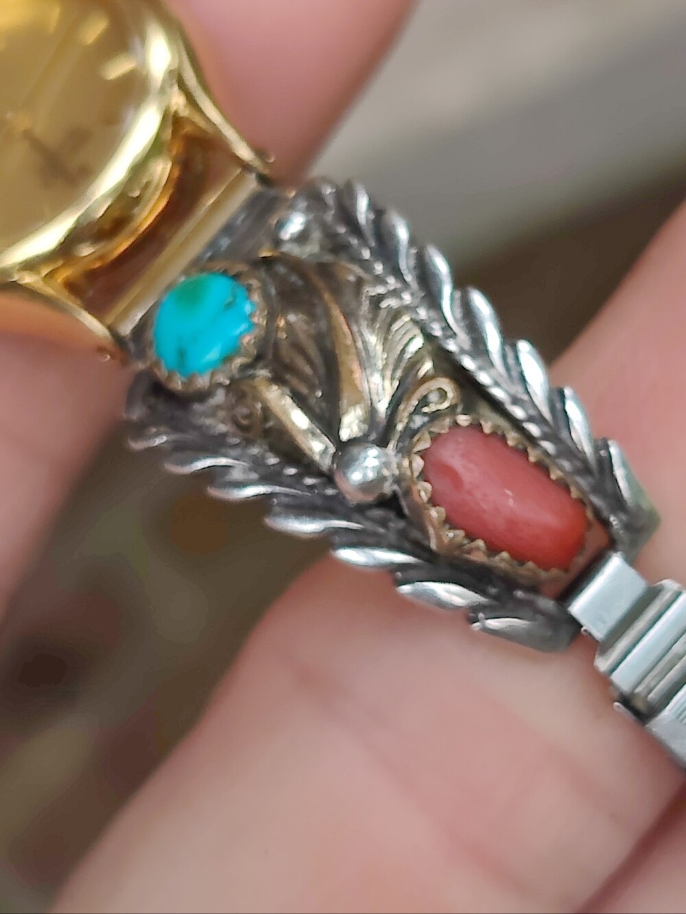 Vintage Sterling Silver Navajo Turquoise And Coral Watch - Picture 2 of 6